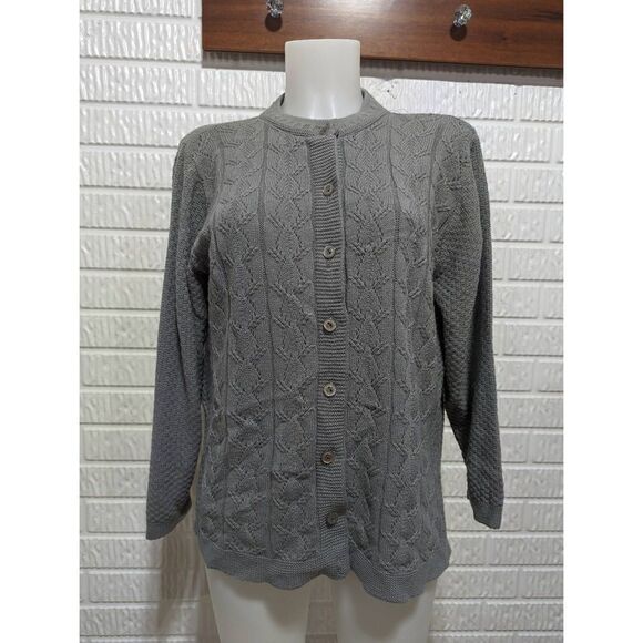 Haband Women's Gray Cable-Knit Button-Up Long-Sleeve Cardigan Large - Picture 1 of 5
